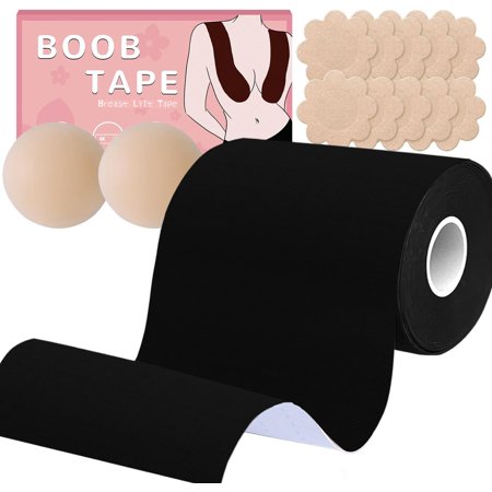 5 inch Wide XL Boob Tapes, Breast Lift Tape Extreme Hold ddd with 2 Reusable Nipple Covers 10 Disposable Nipple Pasties Light Brown