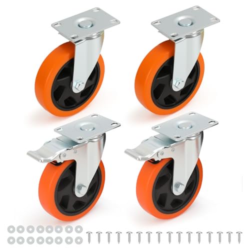 5-inch casters (Set of 4), Including 2 with Brakes and 2 Swivel casters, Suitable for workbenches, Tool carts, toolboxes, Farm Equipment, and Industrial Applications. Screws Included.