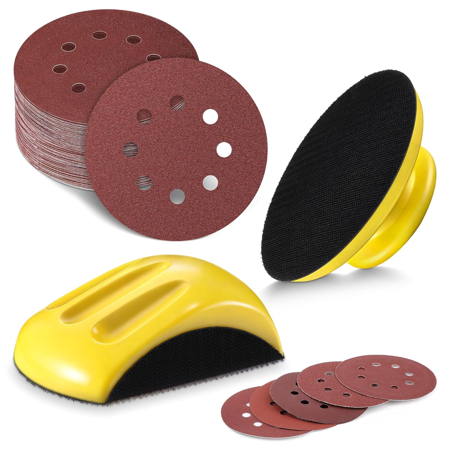 5-inch hook-and-loop sanding block set, 2 round and mouse-tail shaped ...
