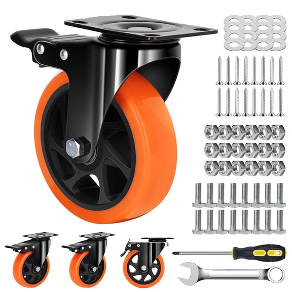 5 Inch Orange Heavy Duty Locking Caster Wheels Set of 4  2600LBS Total Capacity, PU Industrial Casters with Dual Brake for Workbench, Machinery & Warehouse Carts  Heavy Duty Industrial Use Only