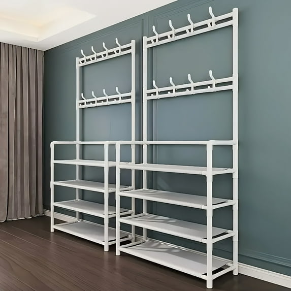 5-layer independent multifunctional entrance shoe rack, detachable hooks, independent storage space, durable plastic and metal structure, suitable for bags and hats, suitable for home entrance