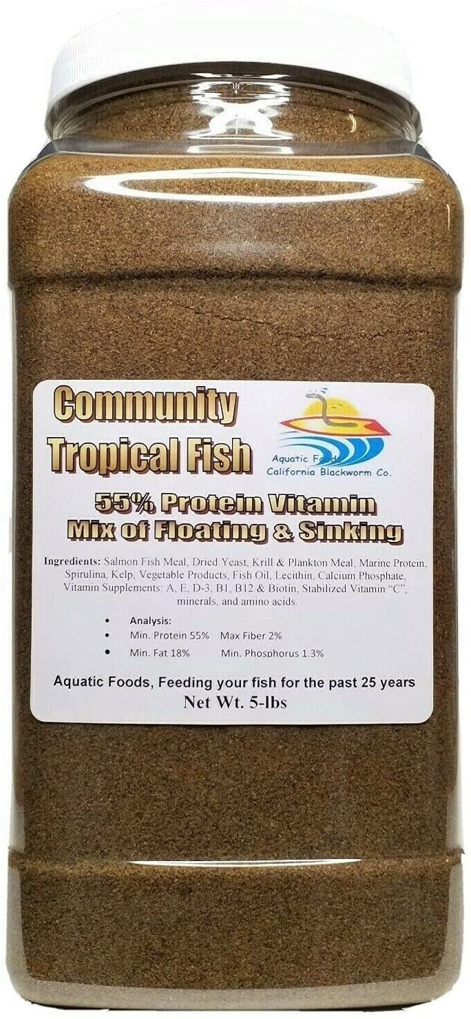 5-lb Community Tropical Fish Food, 55% Protein Vitamin Rich Micro Floating / Slow Sinking Granular Powder for Tetras, Guppies, Small Cichlids, Platies & Swordtails, All Tropical Fish. 5-lb Jar