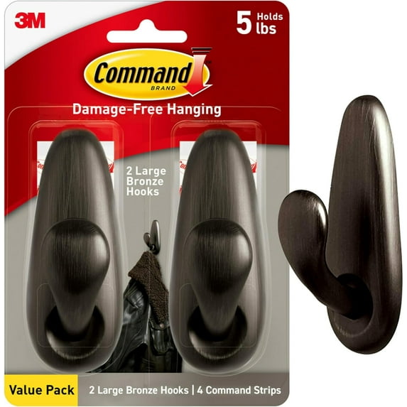 外套钩c1 5 lb Large Oil Rubbed Bronze Metal Hooks, 2 Coat Hooks and 4 Strips, Damage-Free Hanging with Adhesive, Forever Classic Great for Hanging Home and Room Decor