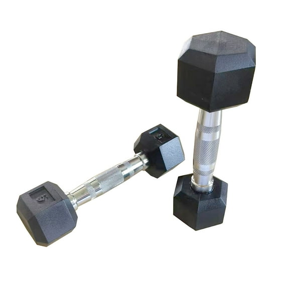 5 lbs. 1 pair (2 pieces) of HDRS rubber-coated solid cast iron dumbbells with contoured chrome handles for noise reduction and easy cleaning. Great for home workouts and gym training.