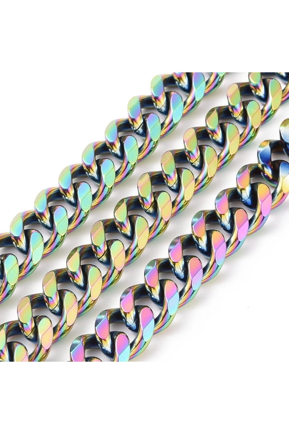 5 m 304 Stainless Steel Cuban Link Chains Faceted Unwelded Rainbow color 13.5~14x11.5~12x3mm