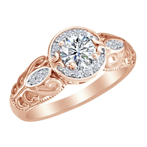 AFFY 5 mm Simulated Moissanite & 0.2 Ct White Natural Diamond Halo Engagement Ring in 14k Rose Gold Ring Size : 10