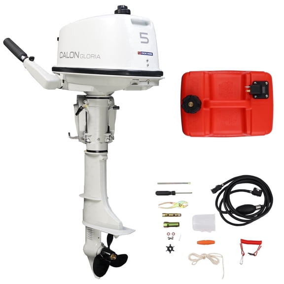 CALON 5HP Outboard Motor 2-Stroke Boat Engine with Tiller Control Manual Start Built-in 2.8L and External 12L Fuel Tank F-N-R Shift for Fishing Boats