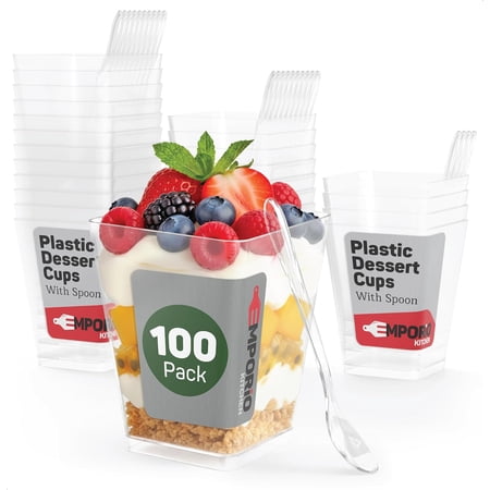 5 oz Clear Plastic Desert Cups for Party with Spoons 100 Pack, Elegant Parfait and Appetizer Cups for Parties, Catering, Pudding, Yogurt, Reusable