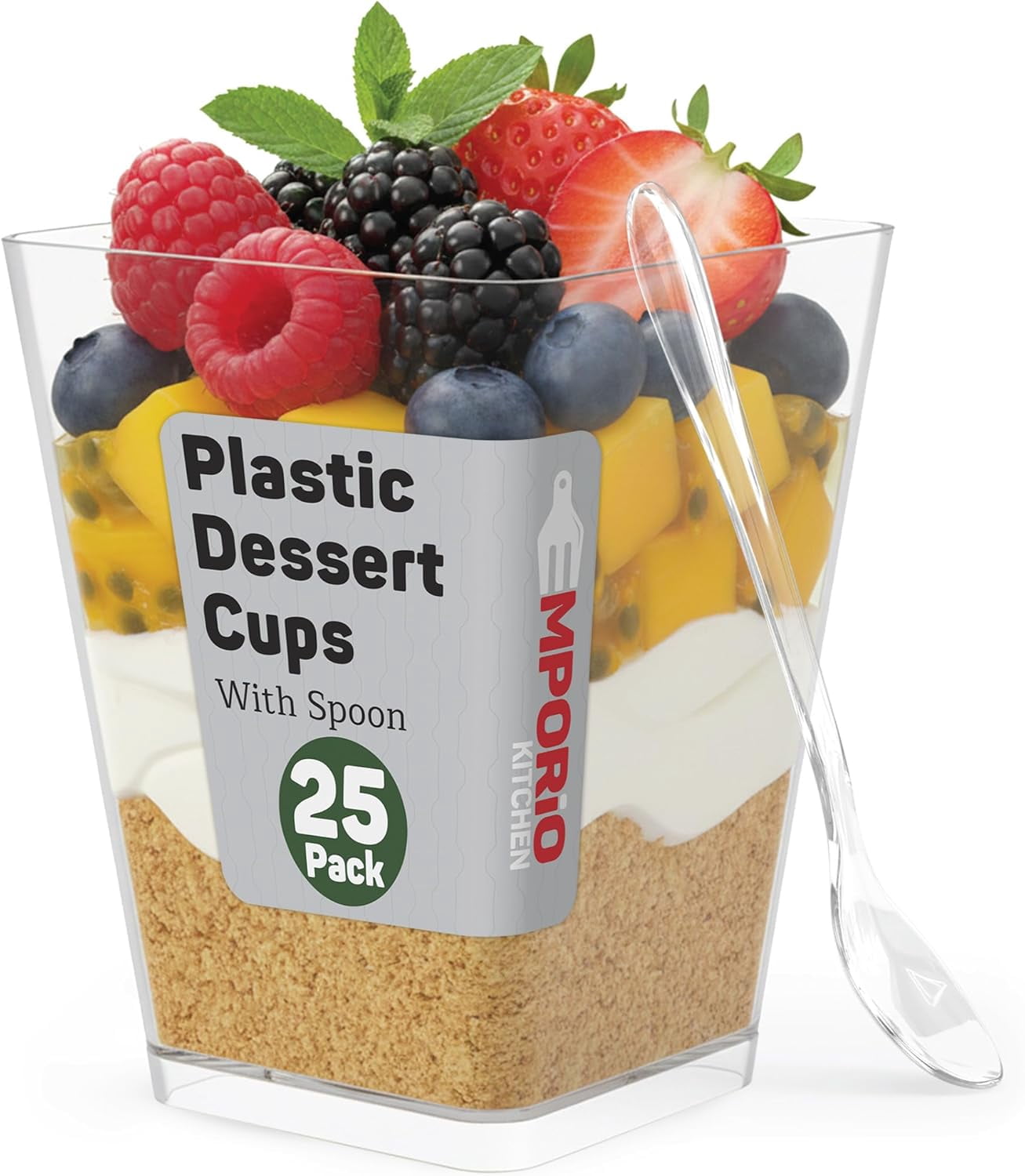 5 oz Clear Plastic Desert Cups for Party with Spoons 25 Pack, Elegant Parfait and Appetizer Cups for Parties, Catering, Pudding, Yogurt, Reusable