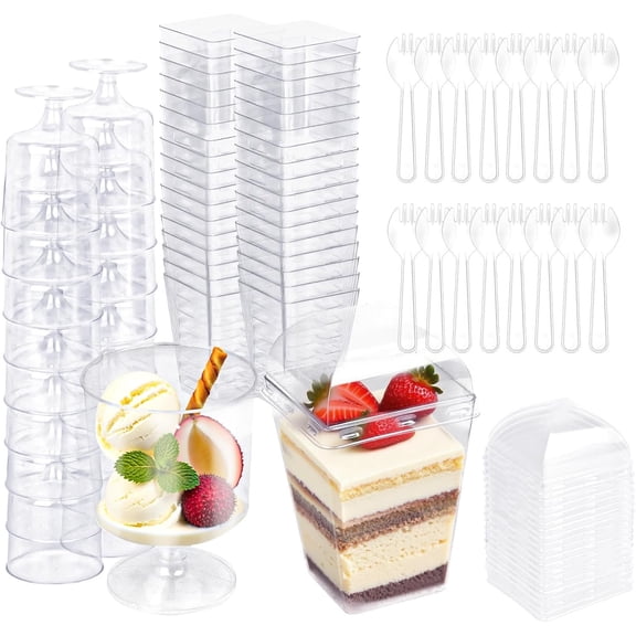 5 oz Dessert Cups with and Spoons, 250 Pack Mini Transparent Appetizer Cups, Square Dessert Shooters Round Goblet Cups for Parfait Fruit Ice Cream Cake