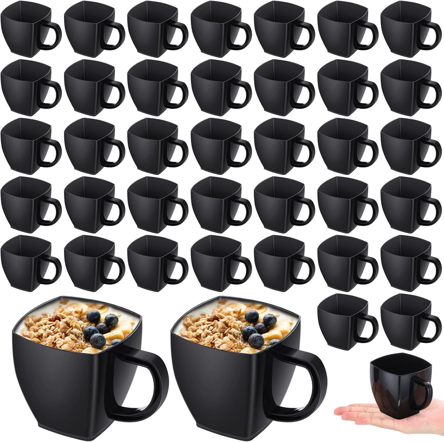 5 oz Disposable Tea Cups Bulk Mini Plastic Tea Cup Bulk with Handle Hard Coffee Mug Reusable Square Espresso Mugs for Party Wedding (Black,100 Pcs)