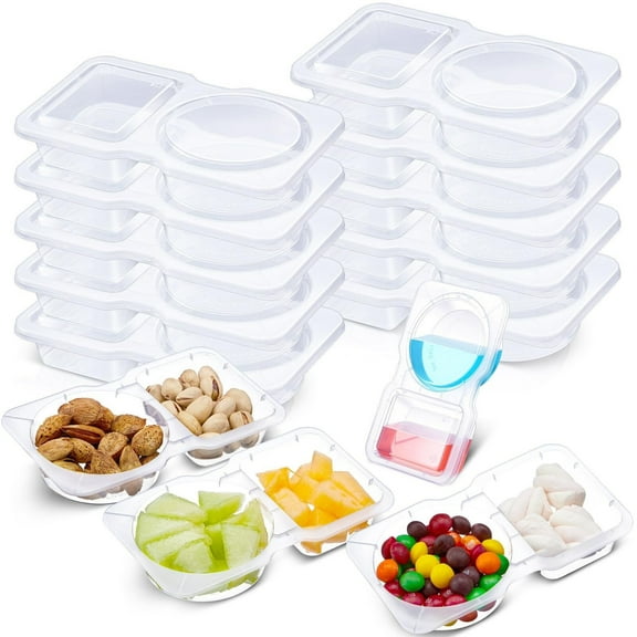 5 oz Double Compartment Snack Containers with Lids Clear 2 Compartment Small Disposable Plastic Snack Box Container for Sauce Salad Travel