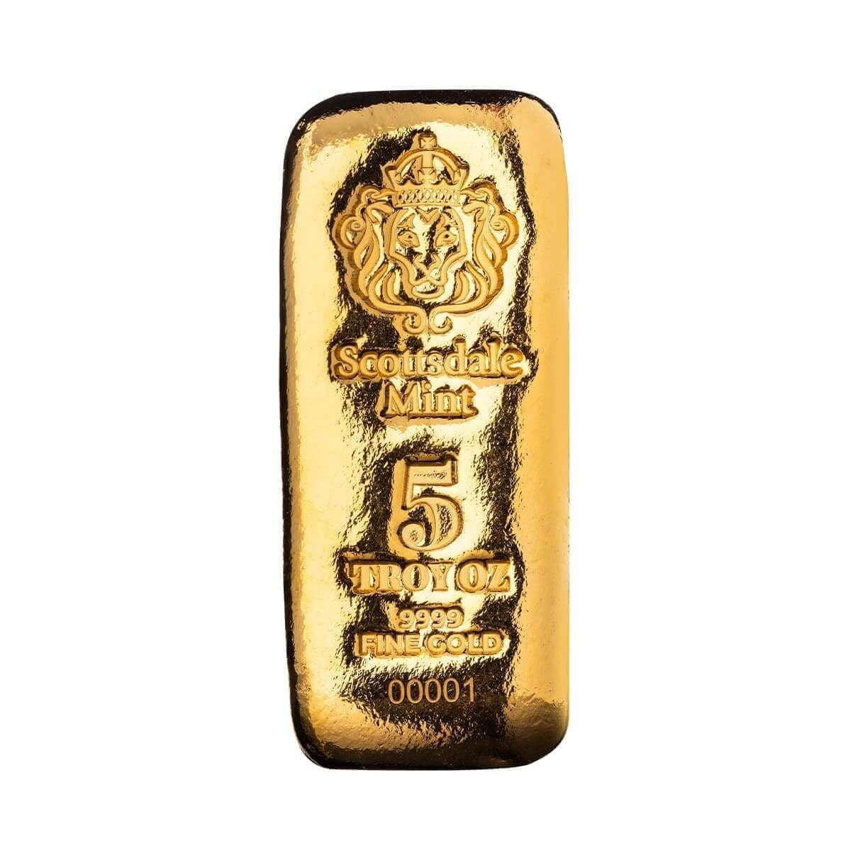 5 oz Gold Bar .9999 Fine Gold Cast Bar by Scottsdale Mint