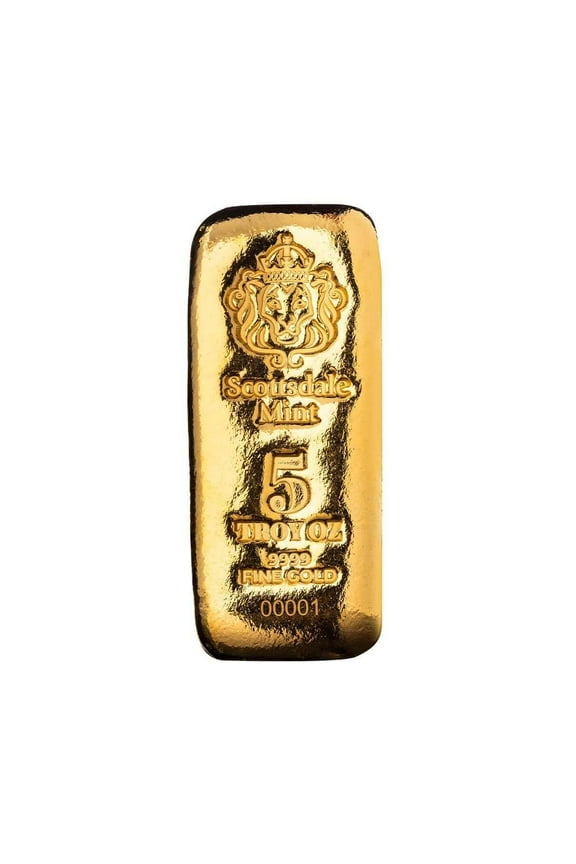 5 oz Gold Bar .9999 Fine Gold Cast Bar by Scottsdale Mint