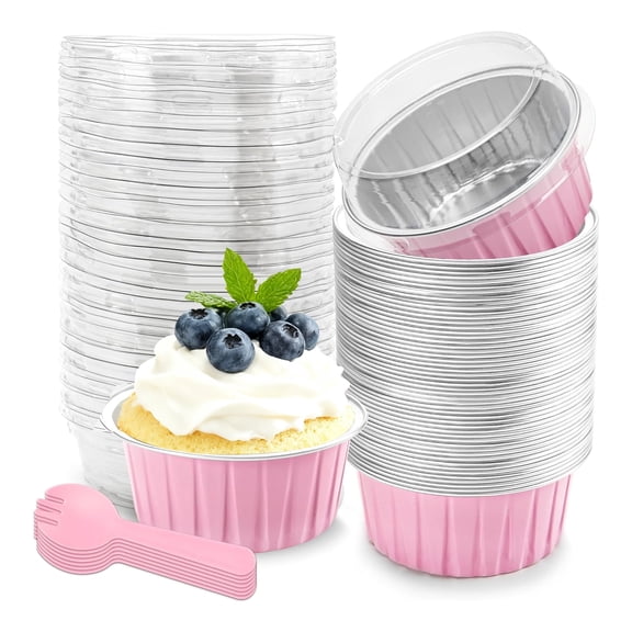 5 oz Mini Loaf Pans with Lids, 50-Pack Disposable Baking Cups for Cupcakes, Pudding, Party, Wedding & Birthday, Pink Ramekin Cake Pans