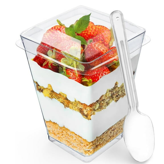 Clear Plastic Dessert Cups 50-Pack with Lids & Spoons - 150ml Mini Parfait Containers for Mousse, Pudding, Salads - Party Supplies
