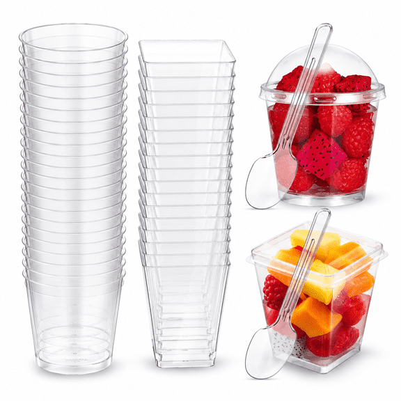 5 oz Plastic Dessert Cups with Lids and Spoons, 100 Set Round Square Mini Containers