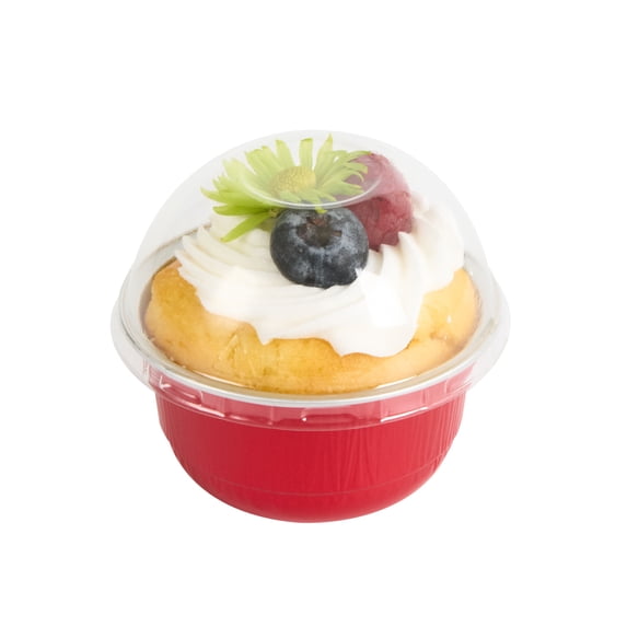 Pastry Tek 5 oz Round Red Aluminum Baking Cup - with Plastic Dome Lid - 3 1/4" x 3 1/4" x 1 3/4" - 100 count box