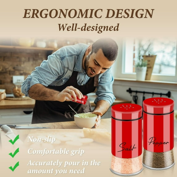 5 oz Salt and Pepper Shakers Set, 2 Pack Clear Glass Salt and Pepper Shakers, Salt & Pepper Shakers, Non-Slip Salt Shaker for Kitchen, Seasoning Shaker Bottles Spice Shaker, Plus Capacity, Red