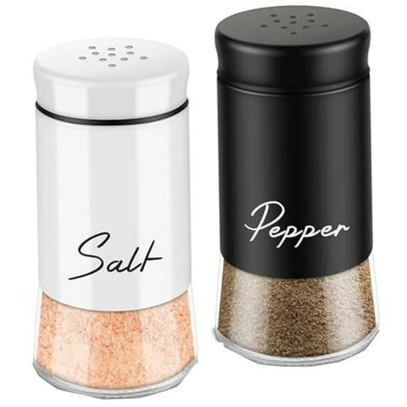5 oz Salt and Pepper Shakers Set, 2 Pack Clear Glass Salt and Pepper Shakers, Salt & Pepper Shakers, Non-Slip Salt Shaker for Kitchen, Seasoning Shaker Bottles Spice Shaker, Plus Capacity Black+White