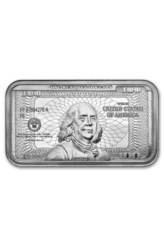 5 oz Silver Bar Ben Franklin $100 Bill Design