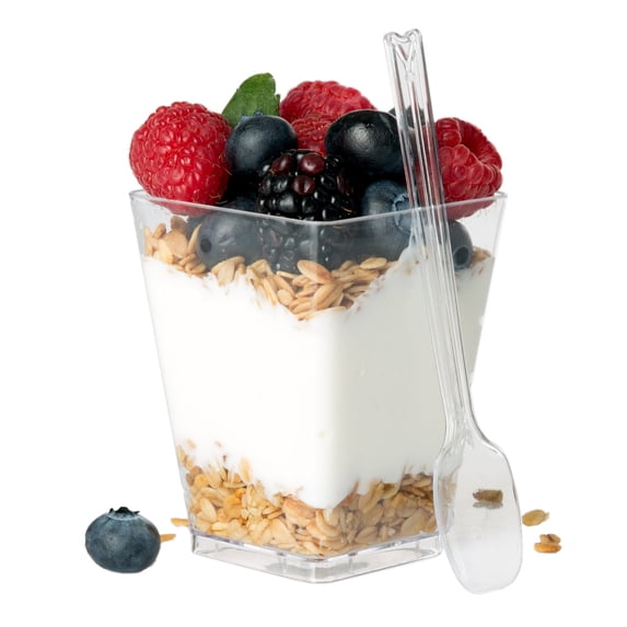 Ilyapa 5oz Plastic Dessert Cups - 20 Pack Mini Dessert Cups with Spoons - Clear Reusable Small Appetizer Cup for Cheesecake Shooters, Chocolate Mousse, Parfait - Party and Catering Supplies - Square