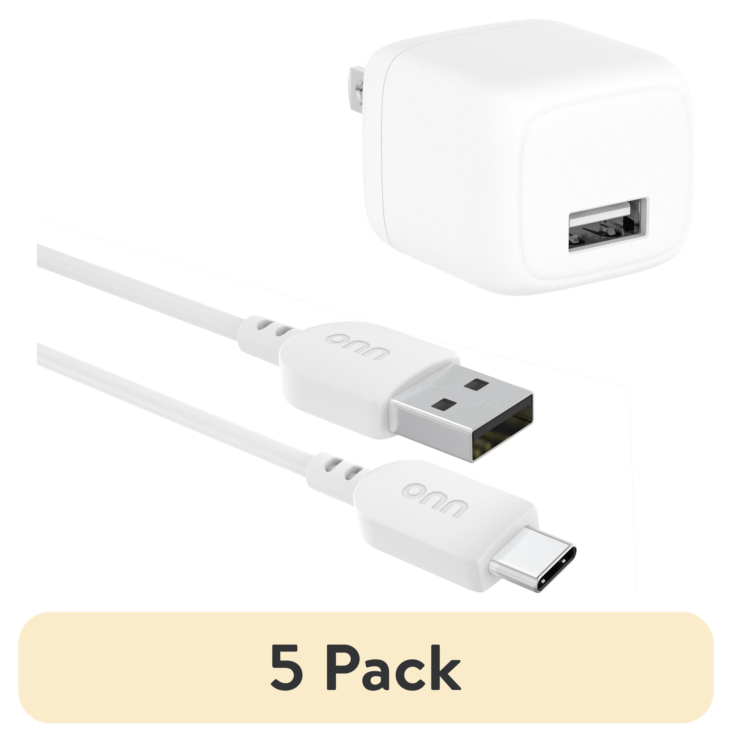 (5 pack) onn 12W Wall Charger with Single USB-A Port and 3ft USB-C Cable, Foldable Plug, White