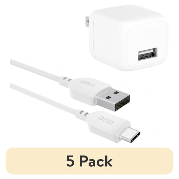 (5 pack) onn 12W Wall Charger with Single USB-A Port and 3ft USB-C Cable, Foldable Plug, White