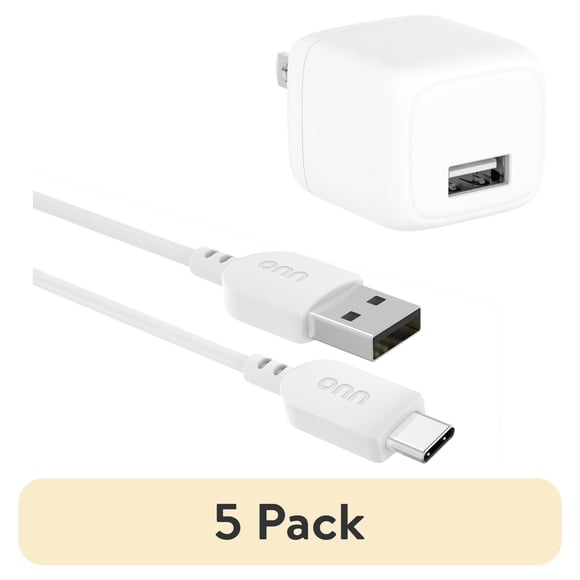 (5 pack) onn 12W Single USB-A Port Wall Charger with 3ft USB-C to USB Cable, Foldable Plug, White