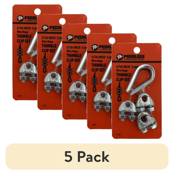 (5 pack) 3/16" Wire Rope Thimble & Clip Set, Steel, Zinc-Plated, Peerless Chain Company, #4718738, 1 Thimble, 3 Clips