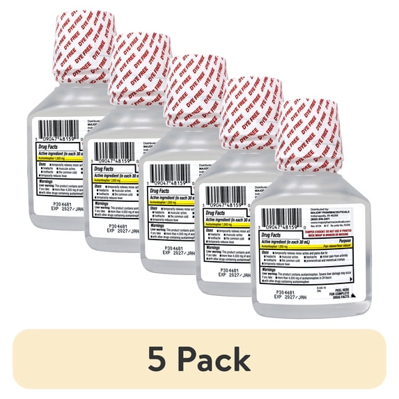 (5 pack) MAJOR Extra Strength Acetaminophen Liquid, 1000 mg per 30 mL, Pain Reliever/Fever Reducer, Cherry Flavored, Dye Free, 8 FL OZ