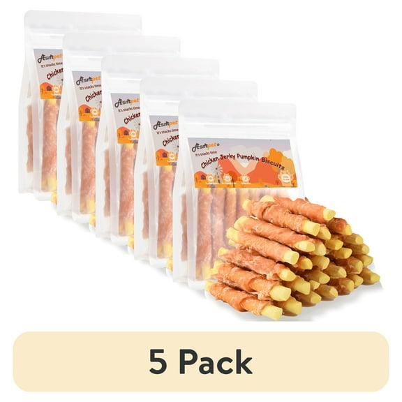 (5 pack) ASMPET Chicken Jerky Wrapped Pumpkin Biscuits for Dogs, Low Fat Pumpkin Dog Treats Chews, 10.6oz