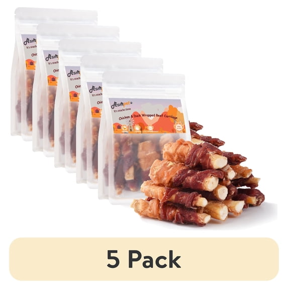(5 pack) ASMPET Chicken Wrapped Beef Cartilage with Duck Dog Treats, High Calcium Chewy Dog Soft Bone for Small, Medium, Large Dogs (10.6oz, No Rawhide)
