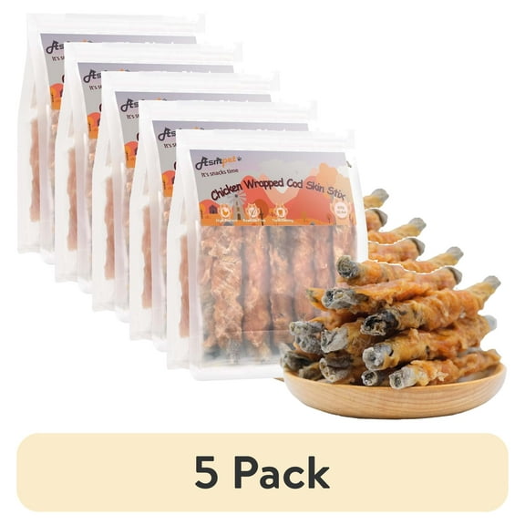 (5 pack) ASMPET Chicken Wrapped Cod Skin Dog Treats Natural Chew for Small Medium Large Dogs, 10.6oz Pouch