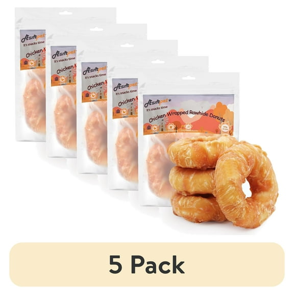 (5 pack) ASMPET Chicken Wrapped Rawhide Donut Dog Treats, 4ps Long Lasting Dog Bone for Medium Large Dogs, 11oz