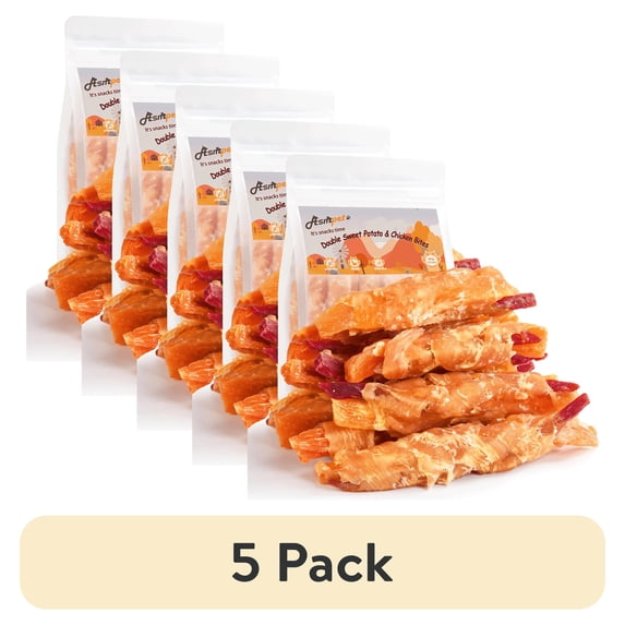 (5 pack) ASMPET Healthy Natural Soft Chew Dog Treats with Chicken and Double Sweet Potato, Dietary Fiber, 11 oz