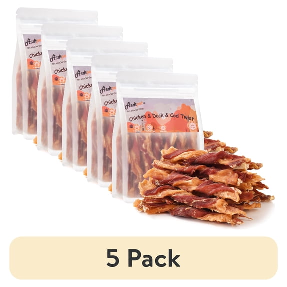 (5 pack) ASMPET Dog Treats Chews,Triple Flavor Chicken, Cod & Duck Twists, Jerky Sticks for Small Medium Large Dogs 10.6 oz