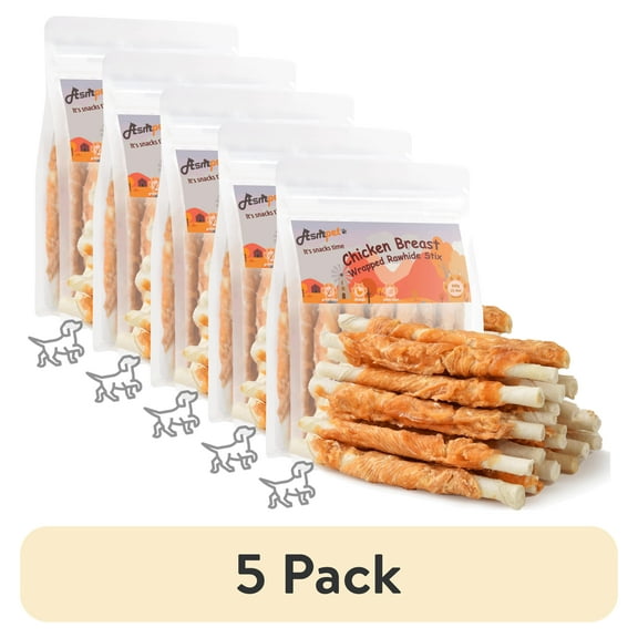 (5 pack) ASMPET Chicken Wrapped Rawhide Dog Treats, Long Lasting for Strong Chewers, Dental Care Bones, 10.6oz