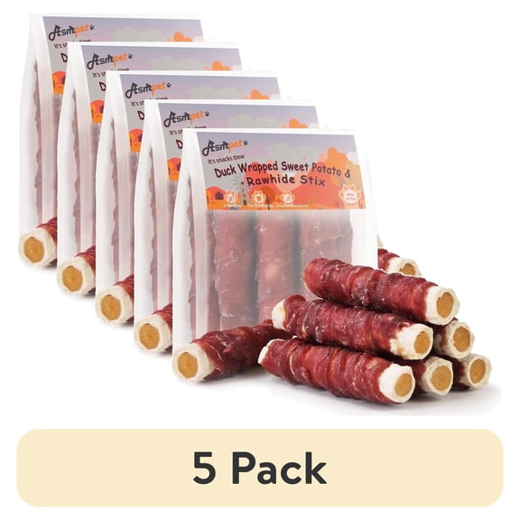 (5 pack) ASMPET Dog Treats Duck Wrapped Rawhide Sweet Potato Stick, Long Lasting Dog Bone, Teeth Cleaning for Medium Large Dogs, 10.6oz