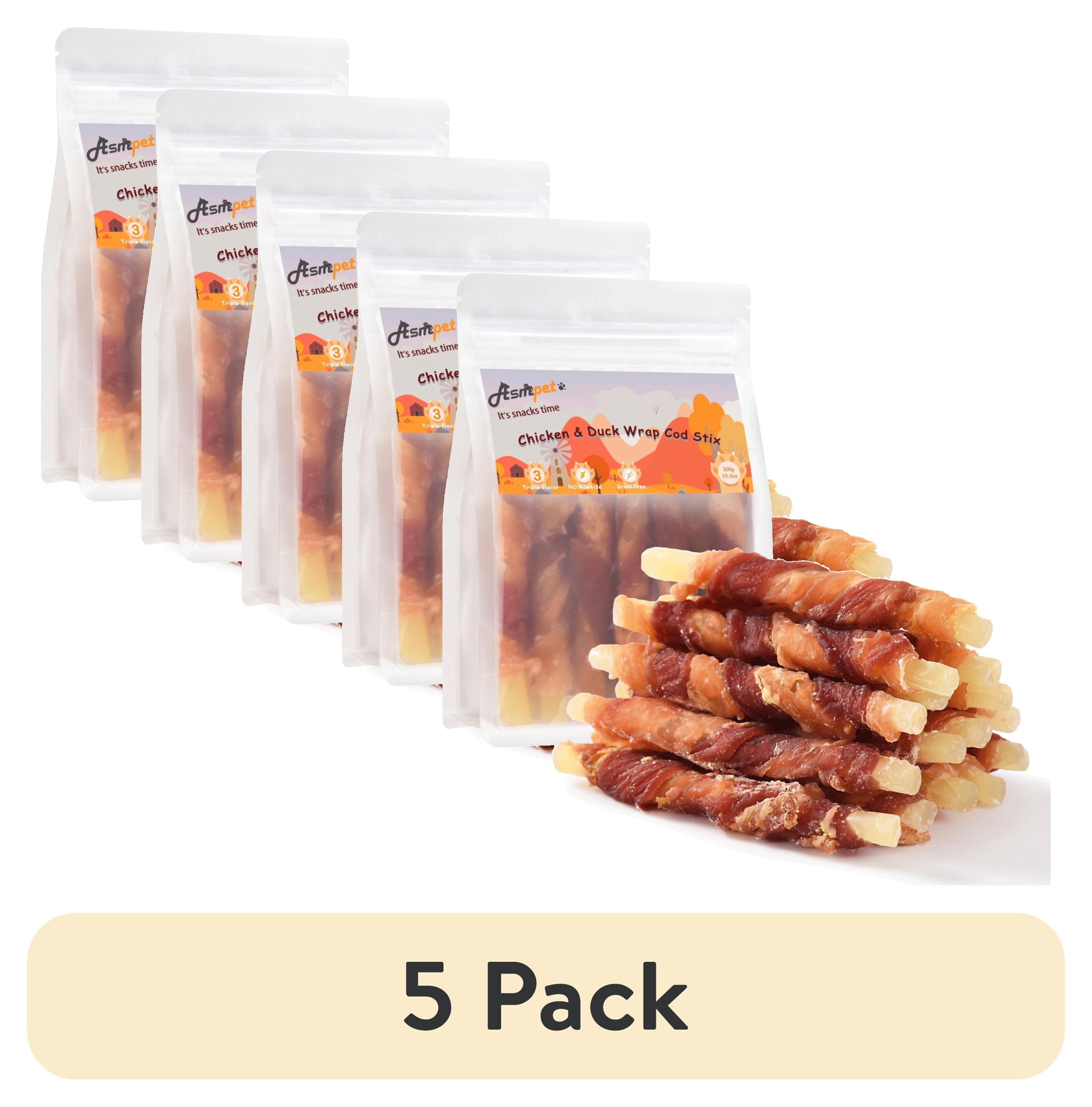 (5 pack) ASMPET Rawhide Free Dog Treats Chicken Jerky & Duck Wrap Cod Sticks, Healthy Treats for Dogs, Soft Chewy Healthy Natural Treats, 15pcs, 11oz