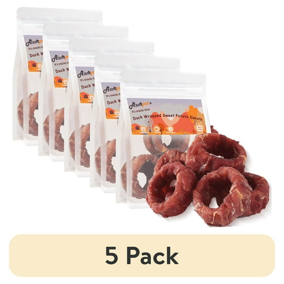 (5 pack) ASMPET Sweet Potato Dog Treat, Duck Wrapped Donut Snack Chews for Small Medium Large Dogs, 10.6oz