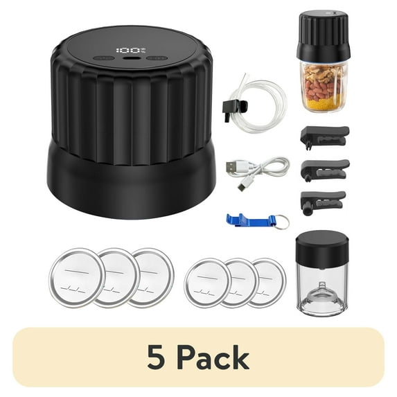 (5 pack) AZULLIA Electric Mason Jar Vacuum Sealer Kit for Wide & Regular Mouth Mason Jars for Food Storage, Black GA01