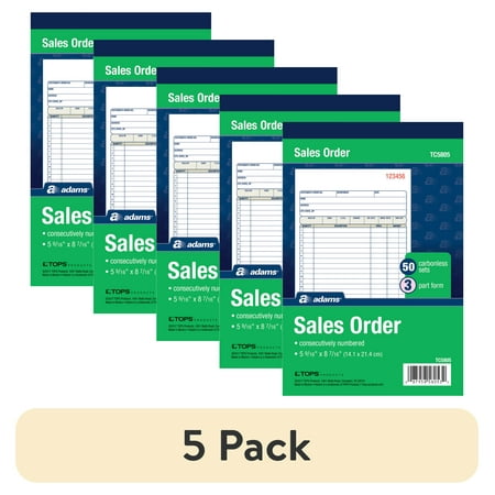 (5 pack) Adams 3-Part Carbonless Sales Order Record Book, 5-9/16 x 8-7/16 in, 50 Sets.