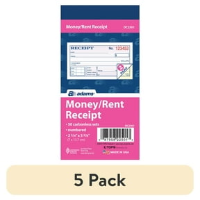 (5 pack) Adams Money/Rent Receipt Book, 2-Part Carbonless Forms, White/Canary, 2-3/4 x 5-3/8 in., 50 Sets