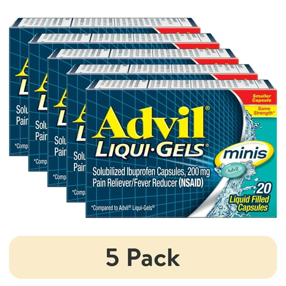 (5 pack) Advil Liqui-Gels Minis Pain Relievers for Headache Relief, Fever Reducer Liquid Filled Capsules, 200 Mg Ibuprofen, 20 Count