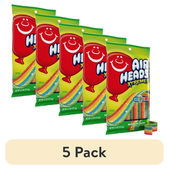 (5 pack) Airheads Xtremes Belts Chewy Candy, Rainbow Berry Fruit Flavor Artificially Flavored, 4.5 Ounces