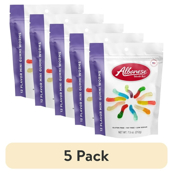 (5 pack) Albanese World's Best 12 Flavor Gummi Worms, 7.5 oz Regular Size