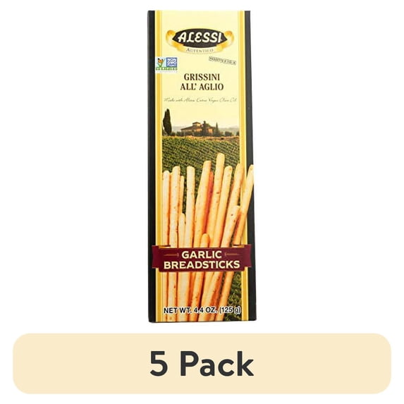(5 pack) Alessi Imported Breadsticks, Garlic Autentico Italian Crispy Bread Sticks, Low Fat Made with Extra Virgin Olive Oil, 4.4oz (Garlic, 4.4 Ounce (Pack of 1))