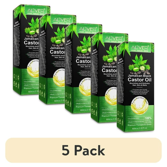 (5 pack) Aliver Jamaican Black Castor Oil for Hair Growth & Skin Conditioning - Nourishes and Hydrates Hair, Skin & Nails - 100% Pure Cold Pressed - 2 oz