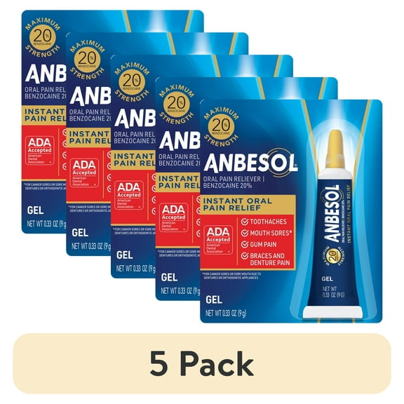 (5 pack) Anbesol Gel Maximum Strength, Instant Oral Pain Relief, 0.33 oz.